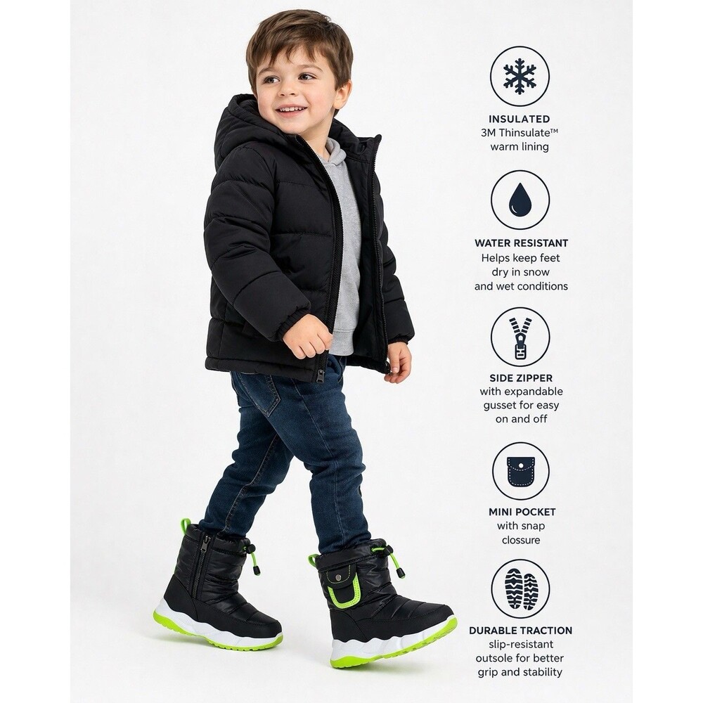 Kids Snow Boots Black Neon Green Insulated Waterproof Zip US 12 Toddler